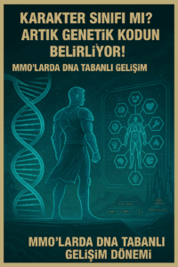 DNA zinciri önünde holografik bir MMO karakteri, genetik özelliklerine göre kişiselleştirilmiş yetenek ağacına bakıyor.