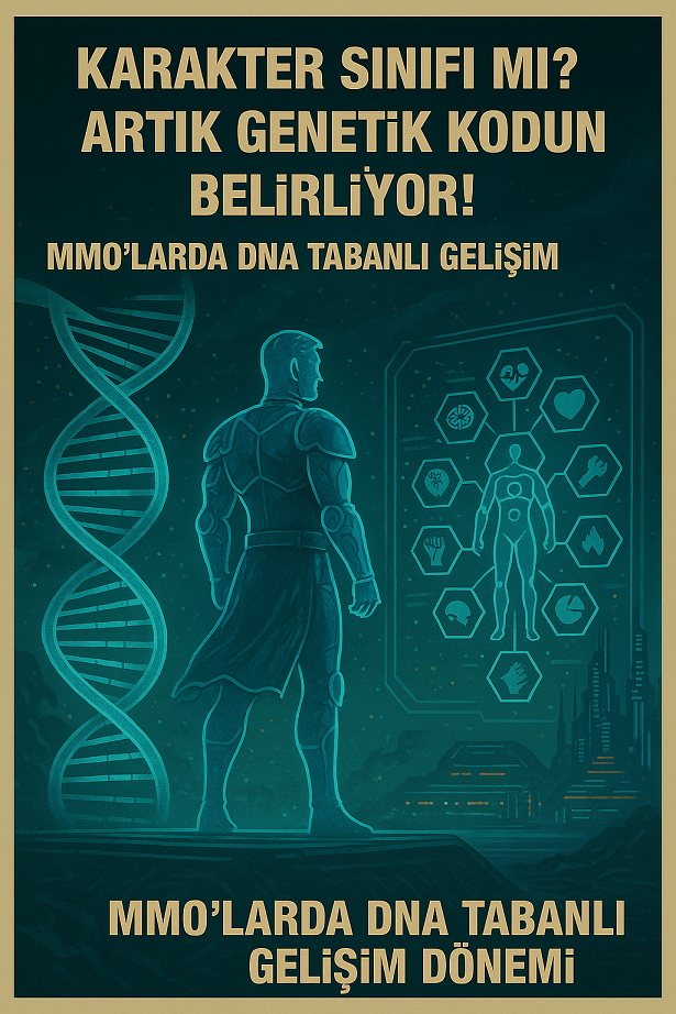 DNA zinciri önünde holografik bir MMO karakteri, genetik özelliklerine göre kişiselleştirilmiş yetenek ağacına bakıyor.