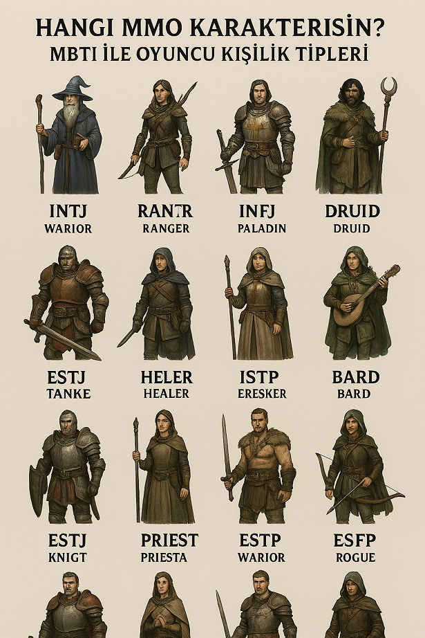 MBTI sistemindeki 16 kişilik tipi, RPG karakter sınıflarıyla eşleştirilmiş: lider ENTJ savaşçı, yardımsever ISFJ healer, yaratıcı ENFP bard gibi.