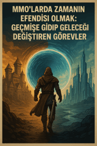 Zaman geçidi önünde duran kahraman, solunda yıkık bir şehir, sağında futuristik bir dünya — zamanın dengesi onun ellerinde.