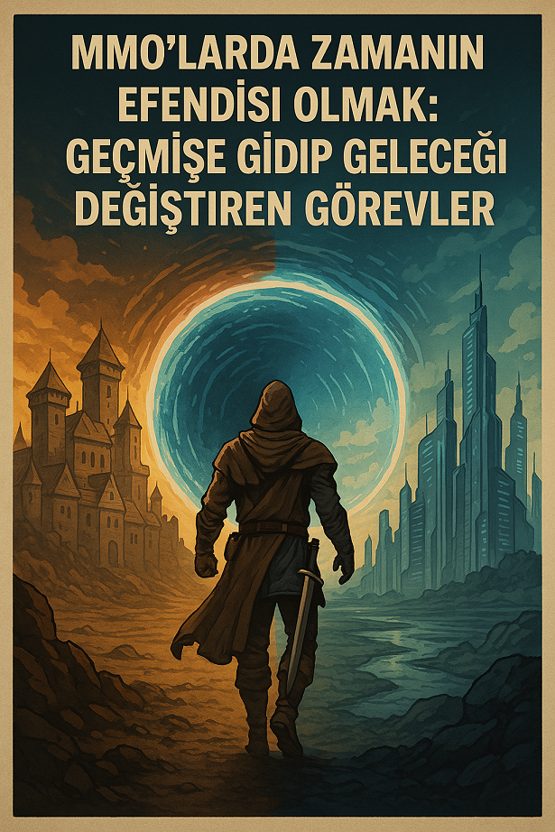 Zaman geçidi önünde duran kahraman, solunda yıkık bir şehir, sağında futuristik bir dünya — zamanın dengesi onun ellerinde.